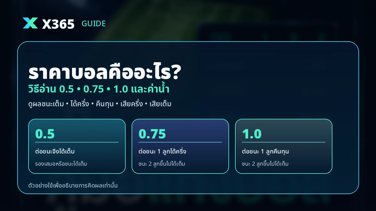 อินโฟกราฟิกราคาบอล 0.5 0.75 1.0 และค่าน้ำ
